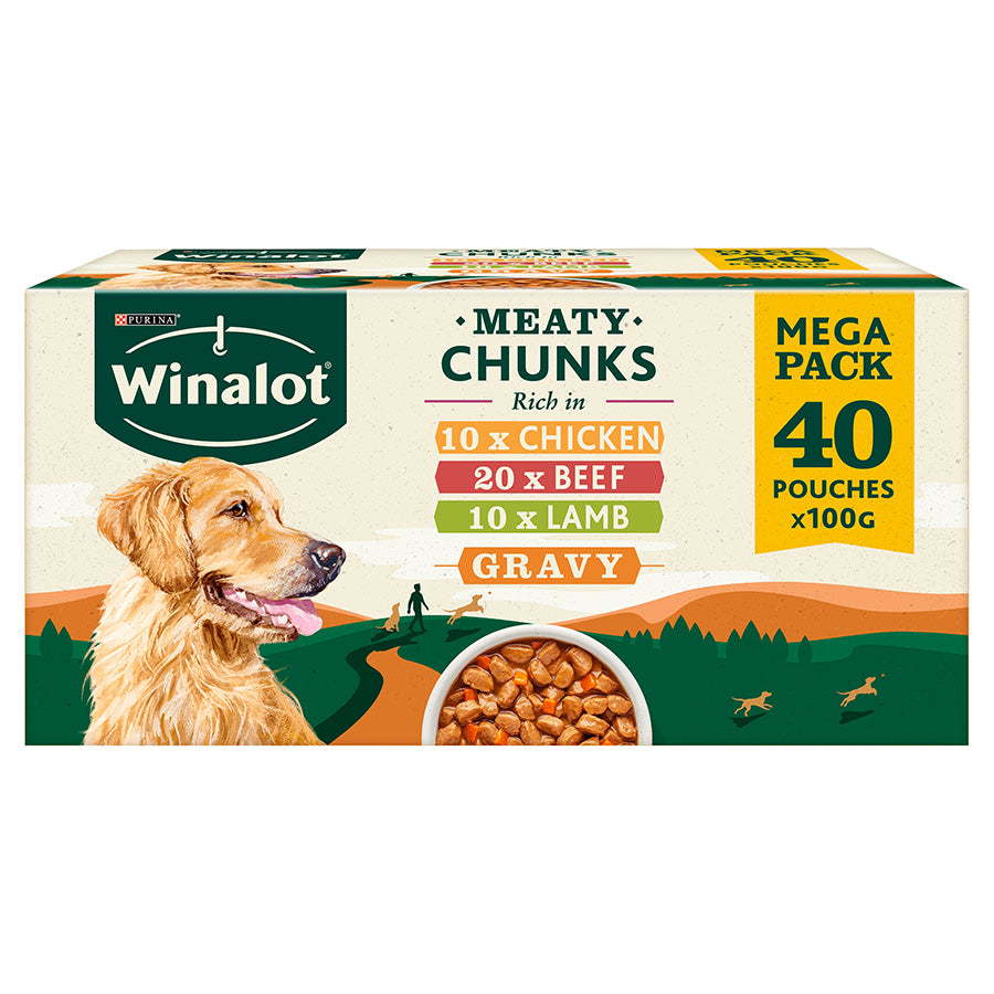 Winalot Meaty Chunks Pouches Mega Pack Mixed Chunks in Gravy 40 Pack, 100g