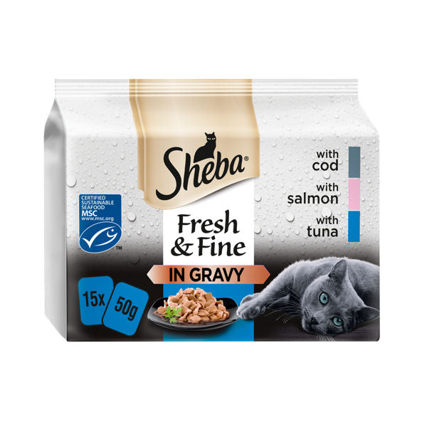 Sheba Fresh & Fine Wet Cat Food Pouches Fish in Gravy (15pc x 50g) - 3 Packs