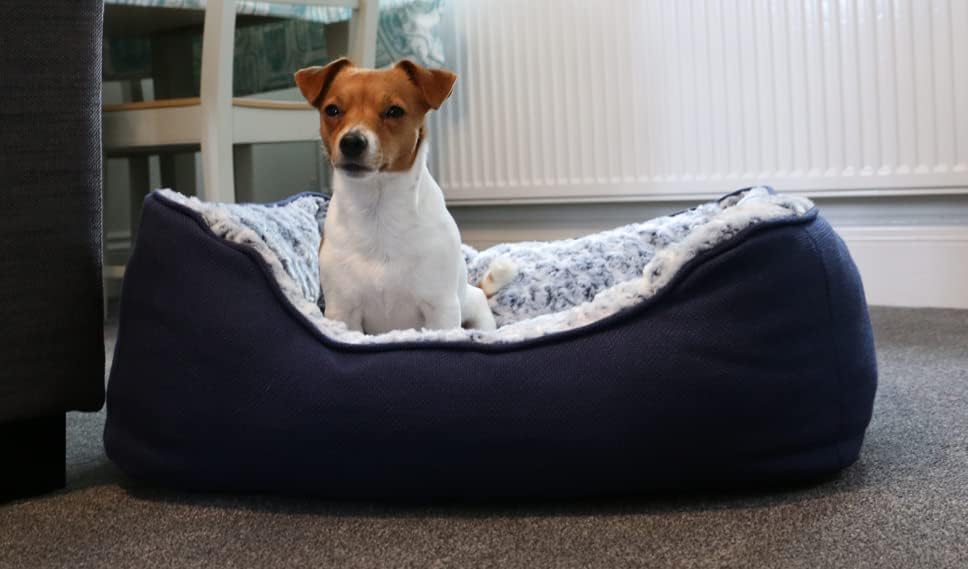 Ancol Sleepy Paws Square Bed For Dogs Navy and Iced Plush All Sizes