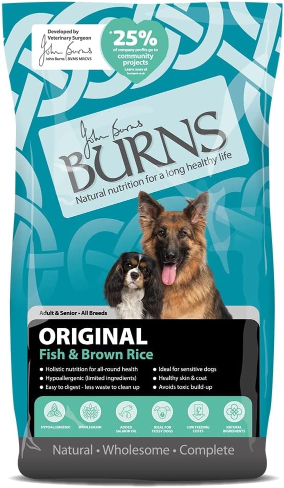 Burns Pet Nutrition Hypoallergenic Complete Dry Dog Food Adult and Senior Dog Original Fish and Brown Rice