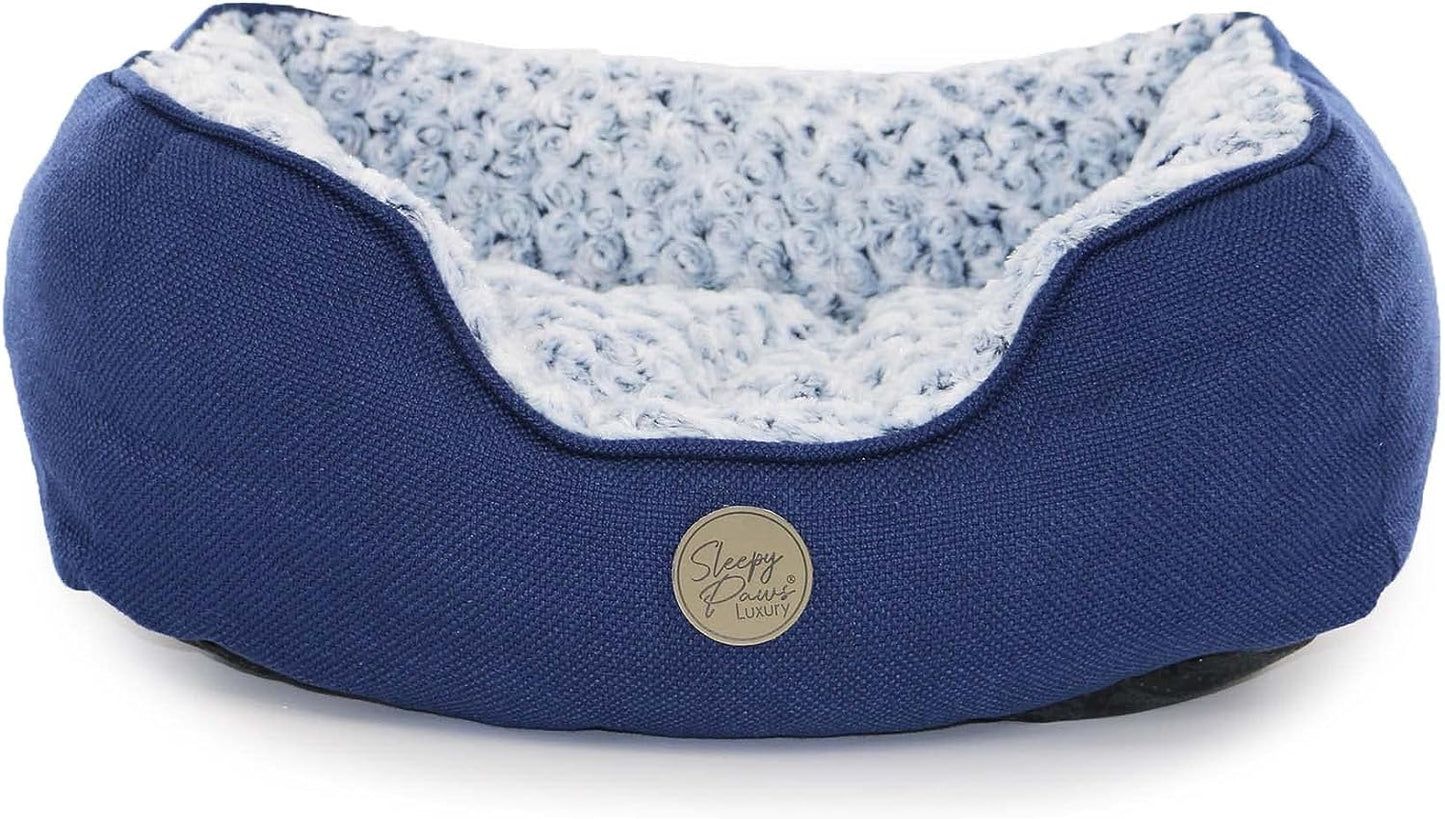 Ancol Sleepy Paws Square Bed For Dogs Navy and Iced Plush All Sizes