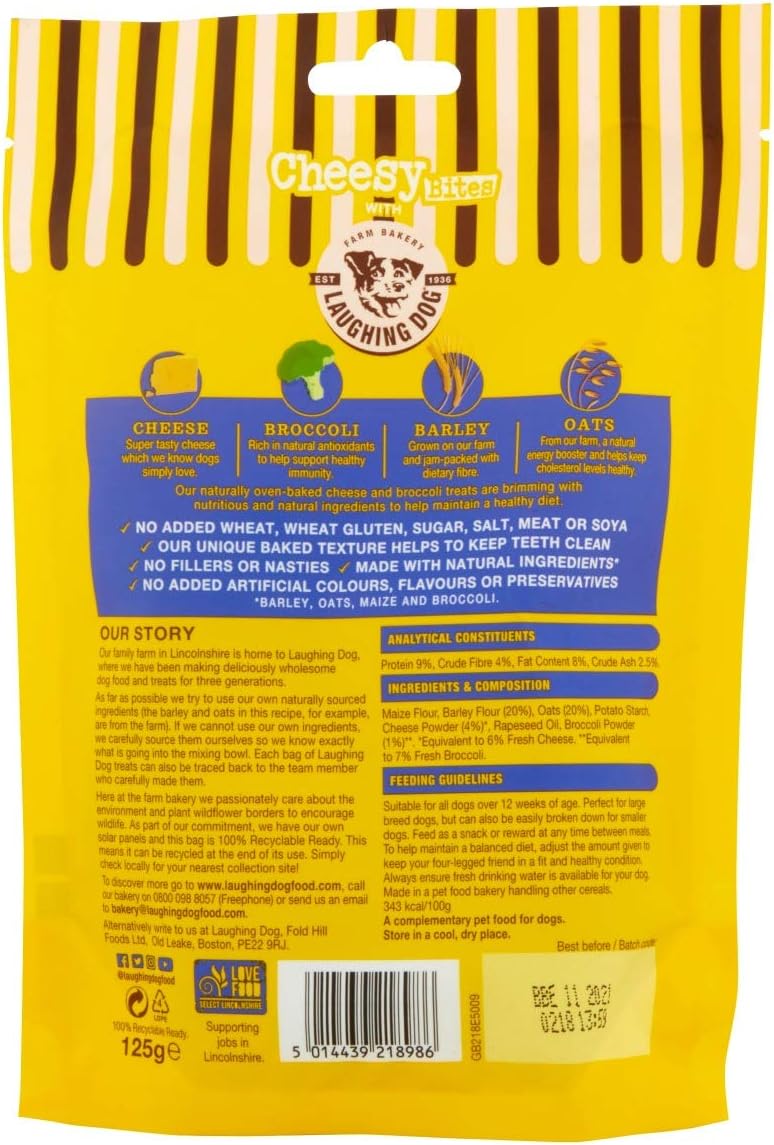 Laughing Dog - Cheesy Bites - Baked Dog Treats with Cheese & Broccoli - Naturally Wheat Free and Sugar Free, Perfect as Training Aid or Reward - 125g