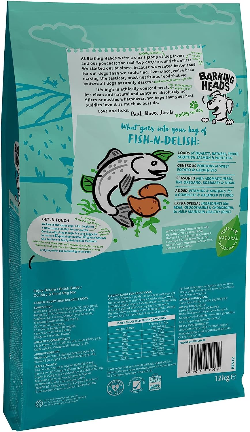 Barking Heads Dry Dog Food - Fish 'n' Delish 12kg - 100% Natural Salmon & Trout with Hypoallergenic Ingredients - Grain-Free Recipe