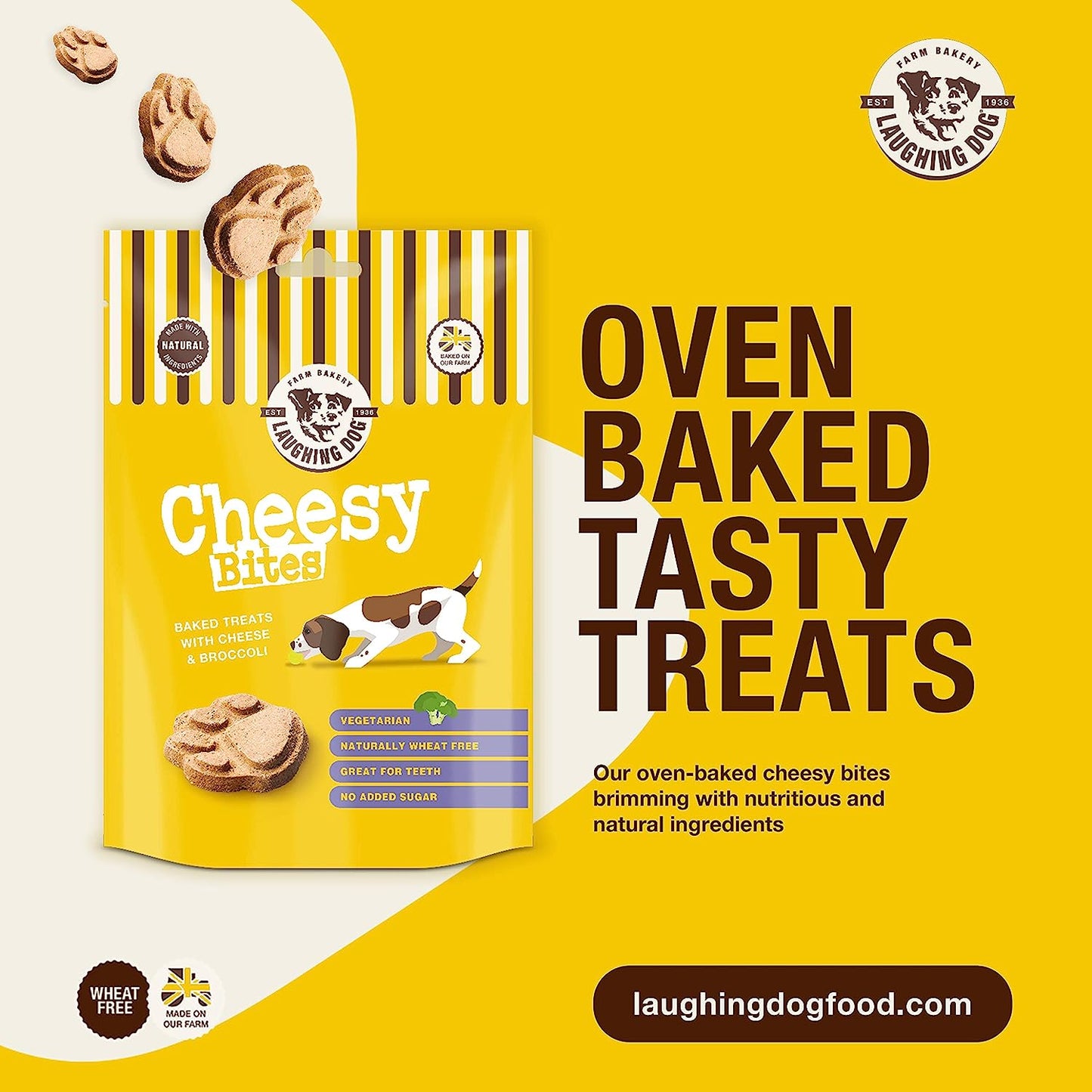 Laughing Dog - Cheesy Bites - Baked Dog Treats with Cheese & Broccoli - Naturally Wheat Free and Sugar Free, Perfect as Training Aid or Reward - 125g