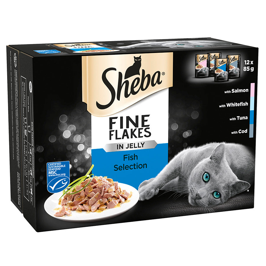 Sheba Fine Flakes Cat Pouches Fish Collection in Jelly ( 12 pack x 85g ) - 4 Packs