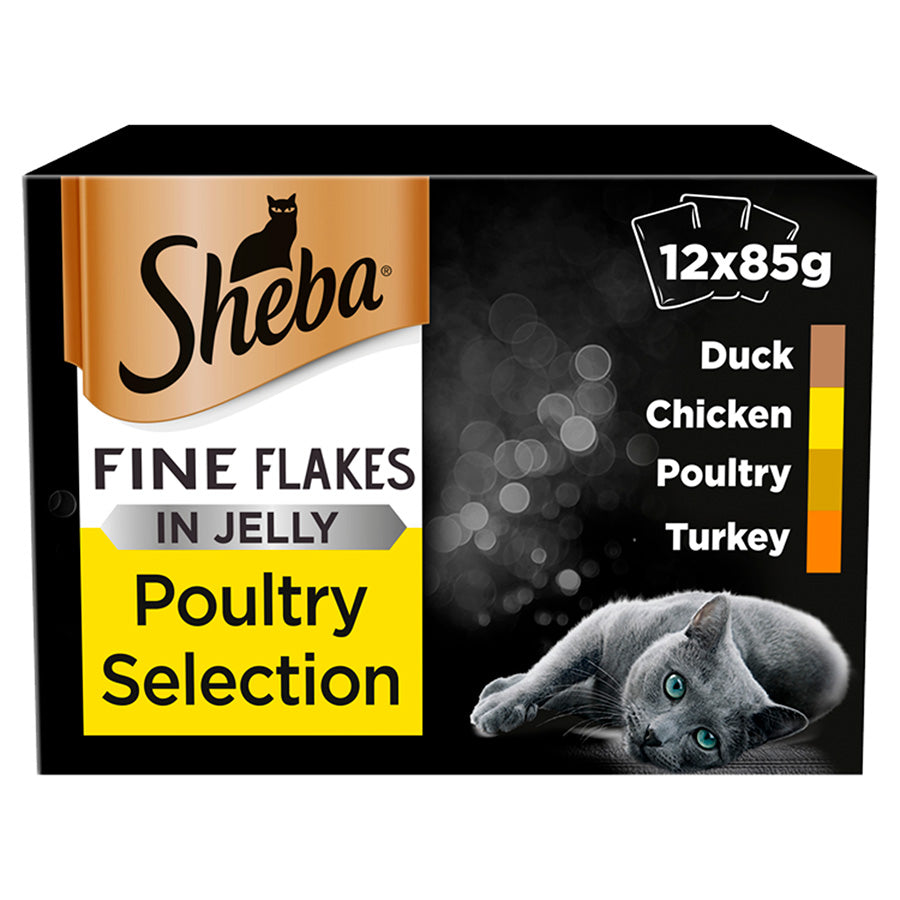 Sheba Fine Flakes Cat Pouches Poultry Collection in Jelly (12 Pack x 85g) - 4 Packs