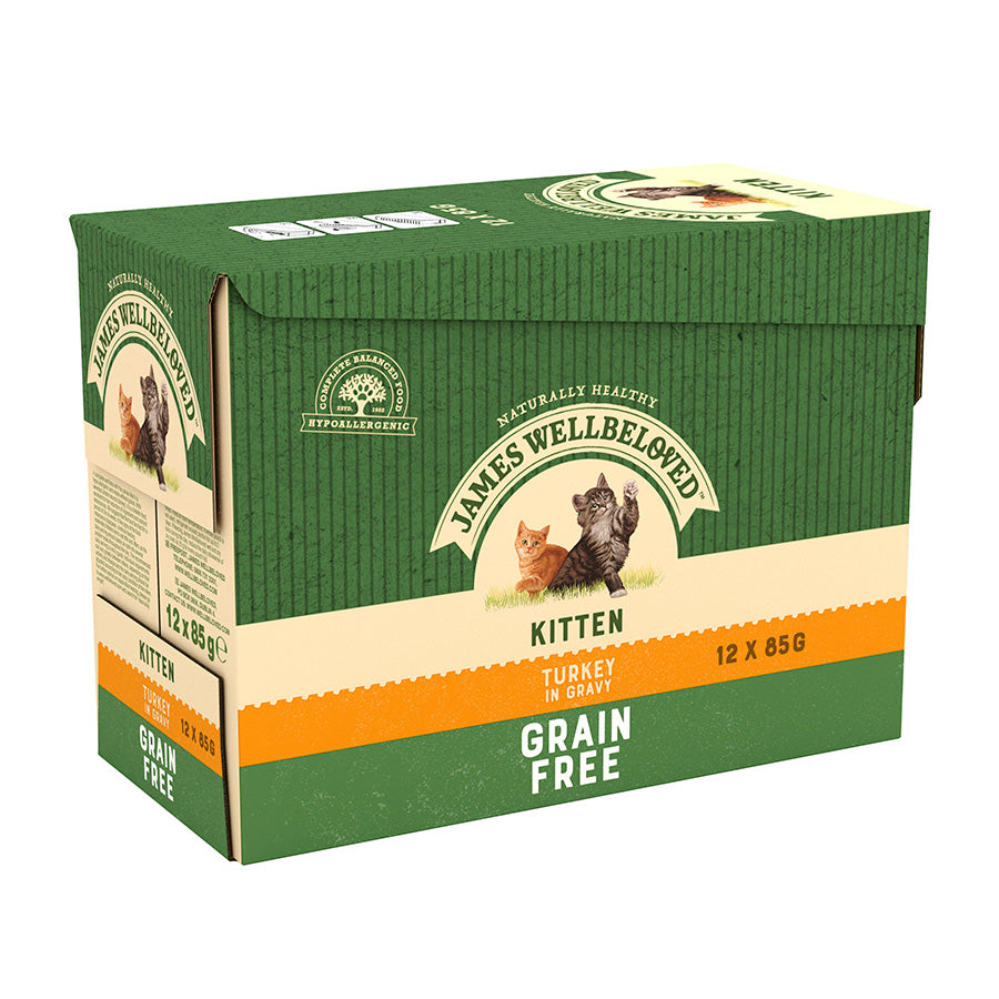 James Wellbeloved Grain Free Kitten Cat Food Pouches Turkey in Gravy-(12pk x 85g)