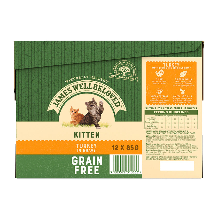 James Wellbeloved Grain Free Kitten Cat Food Pouches Turkey in Gravy-(12pk x 85g)