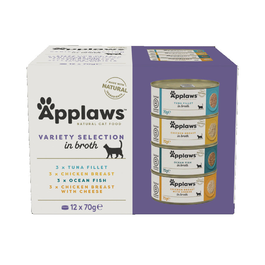 Applaws Natural Wet Adult Cat Food Variety Pack in Broth – 12x70g Tins