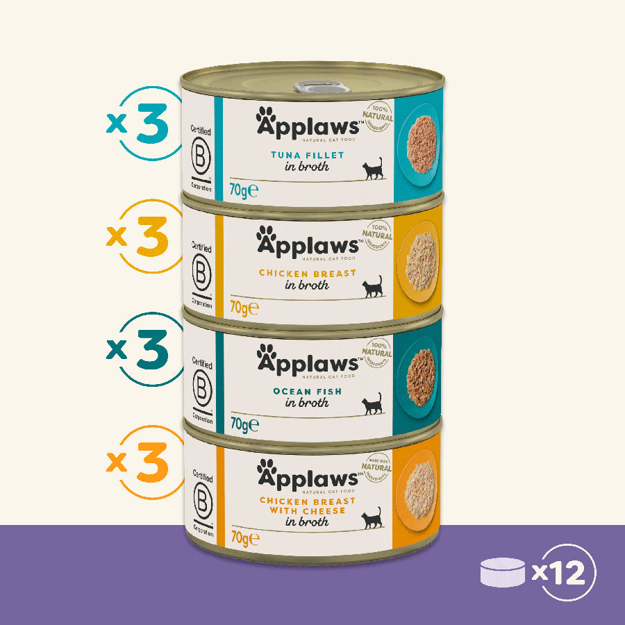 Applaws Natural Wet Adult Cat Food Variety Pack in Broth – 12x70g Tins