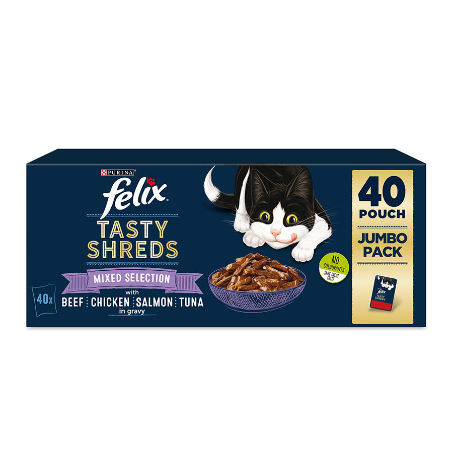 Felix Tasty Shreds Mixed Selection in Gravy Wet Cat Food 40pk × 80g