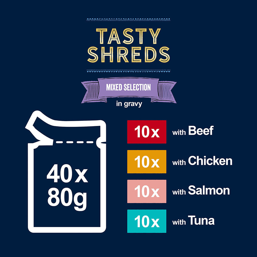 Felix Tasty Shreds Mixed Selection in Gravy Wet Cat Food 40pk × 80g