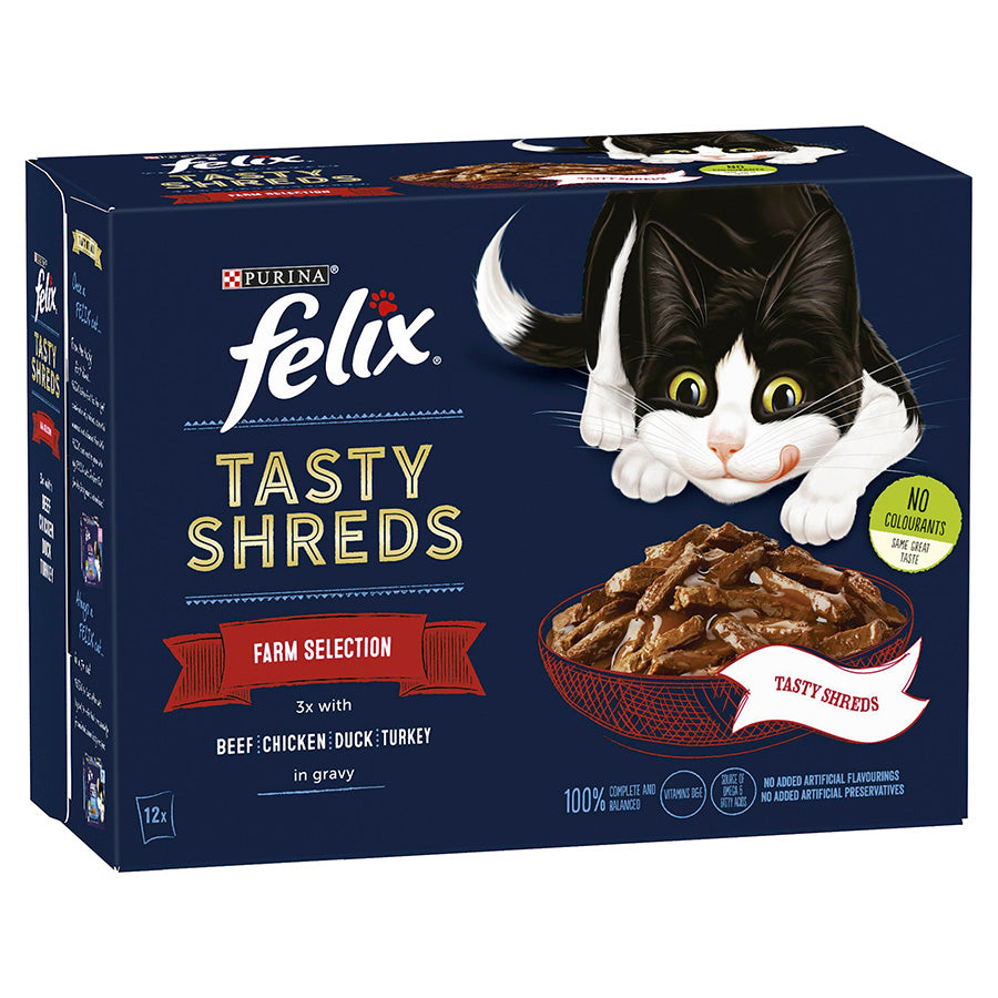 Felix Tasty Shreds Farm Selection in Gravy Wet Cat Food ( 12pk × 80g ) - 4 packs