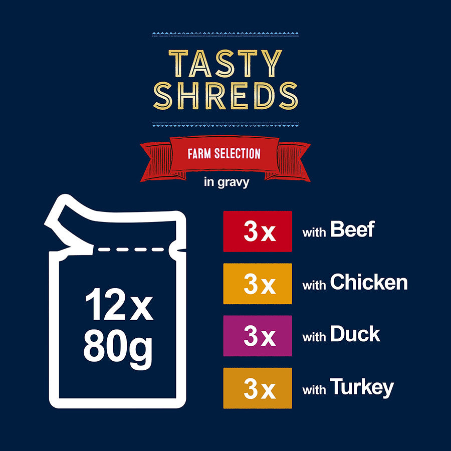 Felix Tasty Shreds Farm Selection in Gravy Wet Cat Food ( 12pk × 80g ) - 4 packs