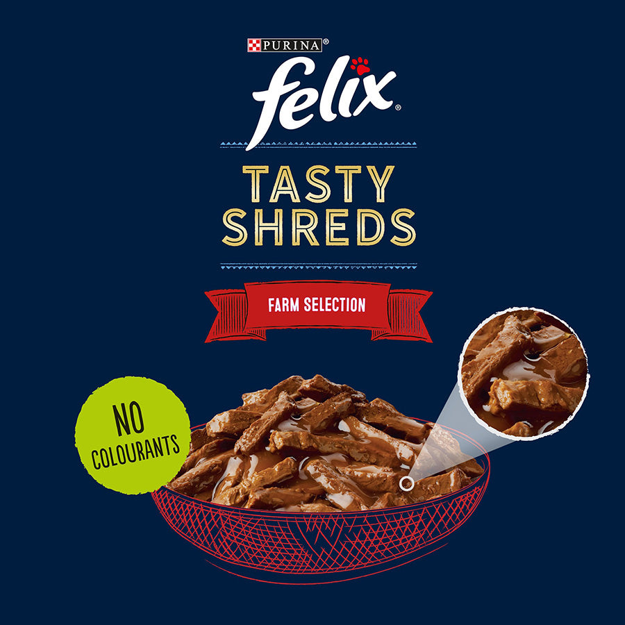 Felix Tasty Shreds Farm Selection in Gravy Wet Cat Food ( 12pk × 80g ) - 4 packs