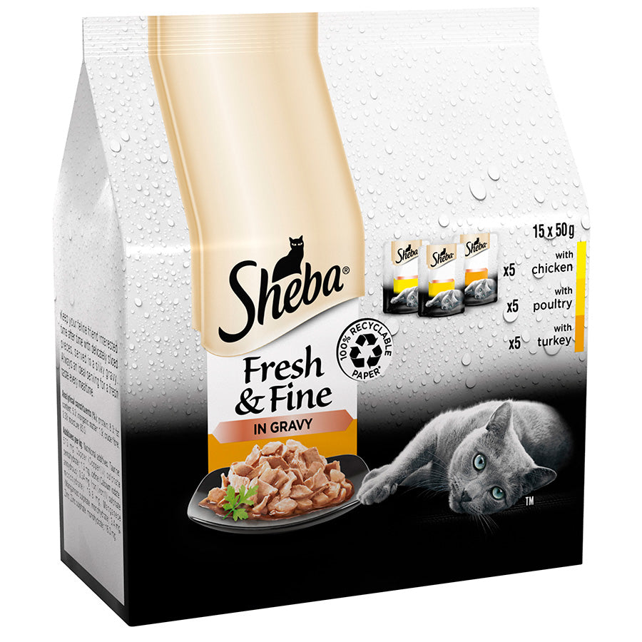 Sheba Fresh & Fine Wet Cat Food Pouches Poultry in Gravy (15pc x 50g) - 3 Packs