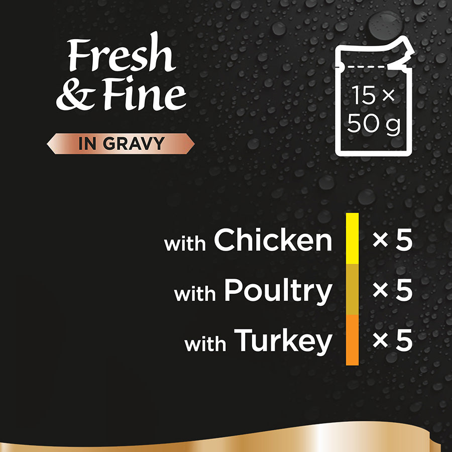 Sheba Fresh & Fine Wet Cat Food Pouches Poultry in Gravy (15pc x 50g) - 3 Packs