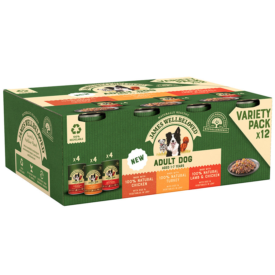 James Wellbeloved Adult Wet Dog Food Tins Turkey, Lamb & Chicken in Loaf 12 Pack - 400g