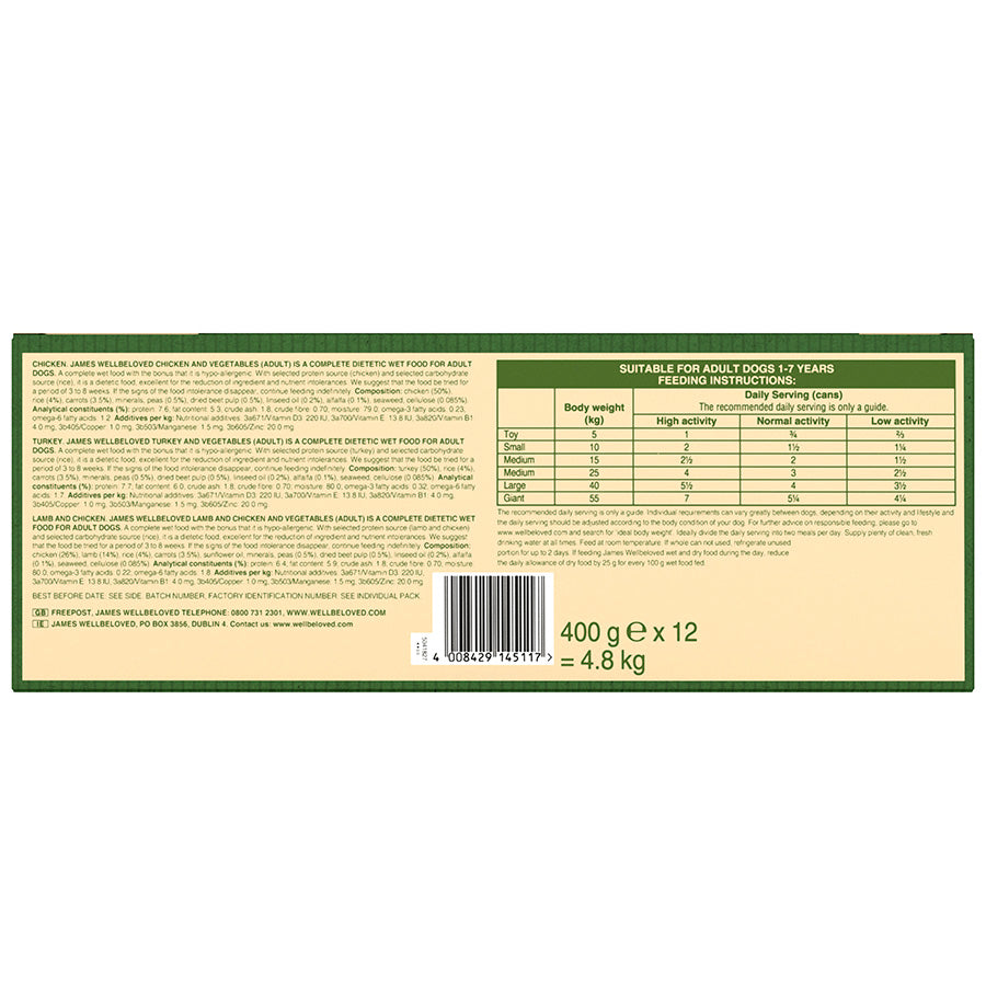 James Wellbeloved Adult Wet Dog Food Tins Turkey, Lamb & Chicken in Loaf 12 Pack - 400g
