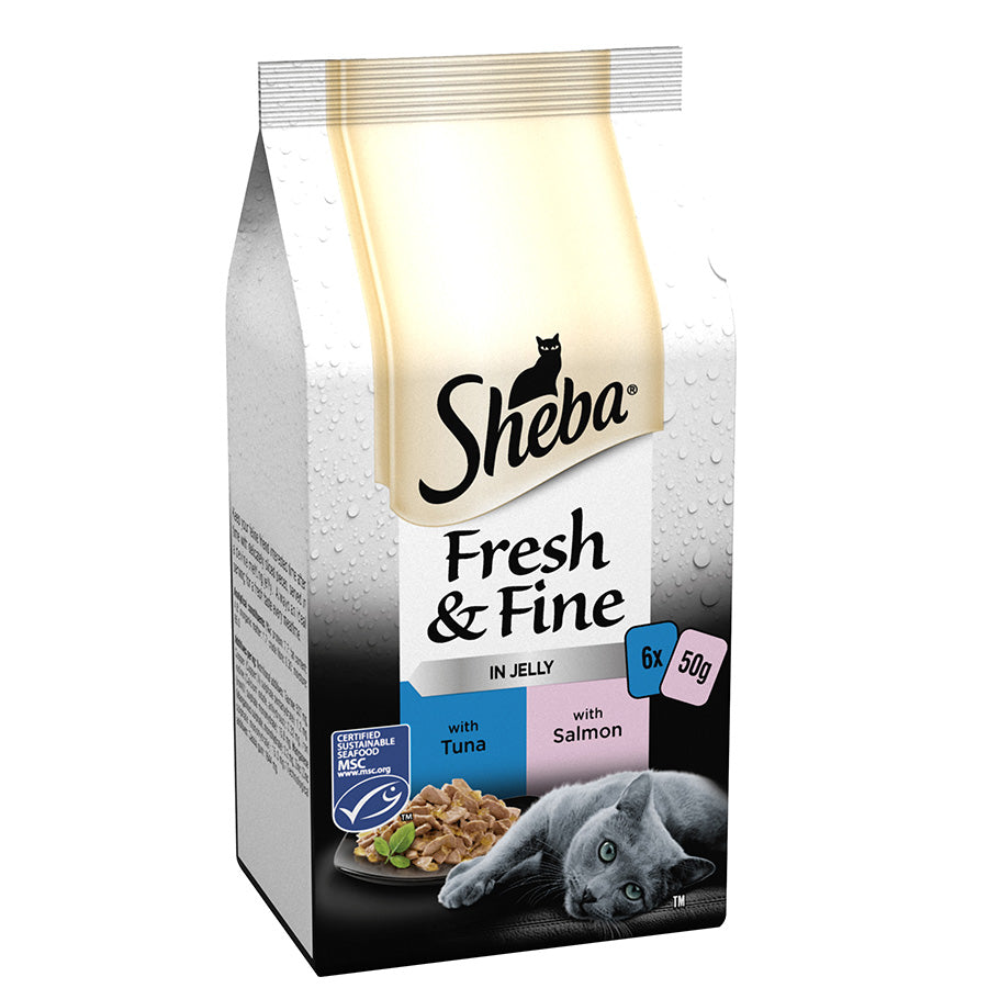 Sheba Fresh & Fine Wet Cat Food Pouches Tuna & Salmon in Jelly (6x50g) x 8 Pack