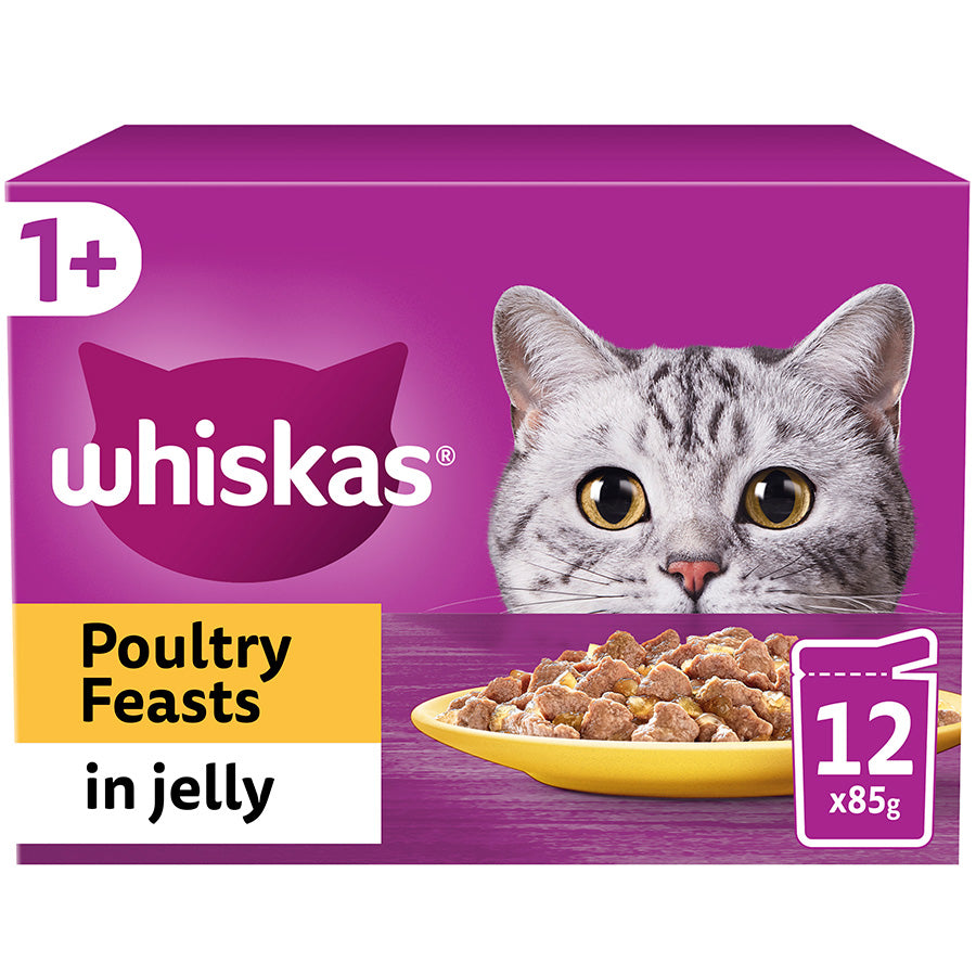 Whiskas 1+ Poultry Feasts Adult Wet Cat Food Pouches in Jelly – ( 12 x 85 ) x 4