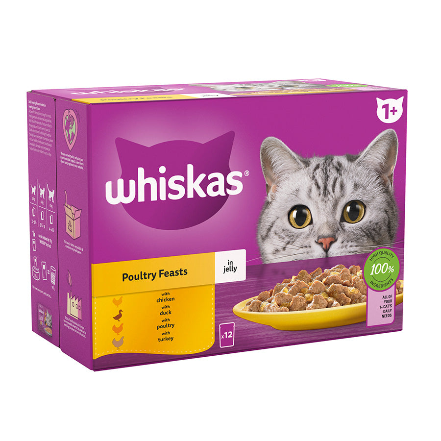 Whiskas 1+ Poultry Feasts Adult Wet Cat Food Pouches in Jelly – ( 12 x 85 ) x 4