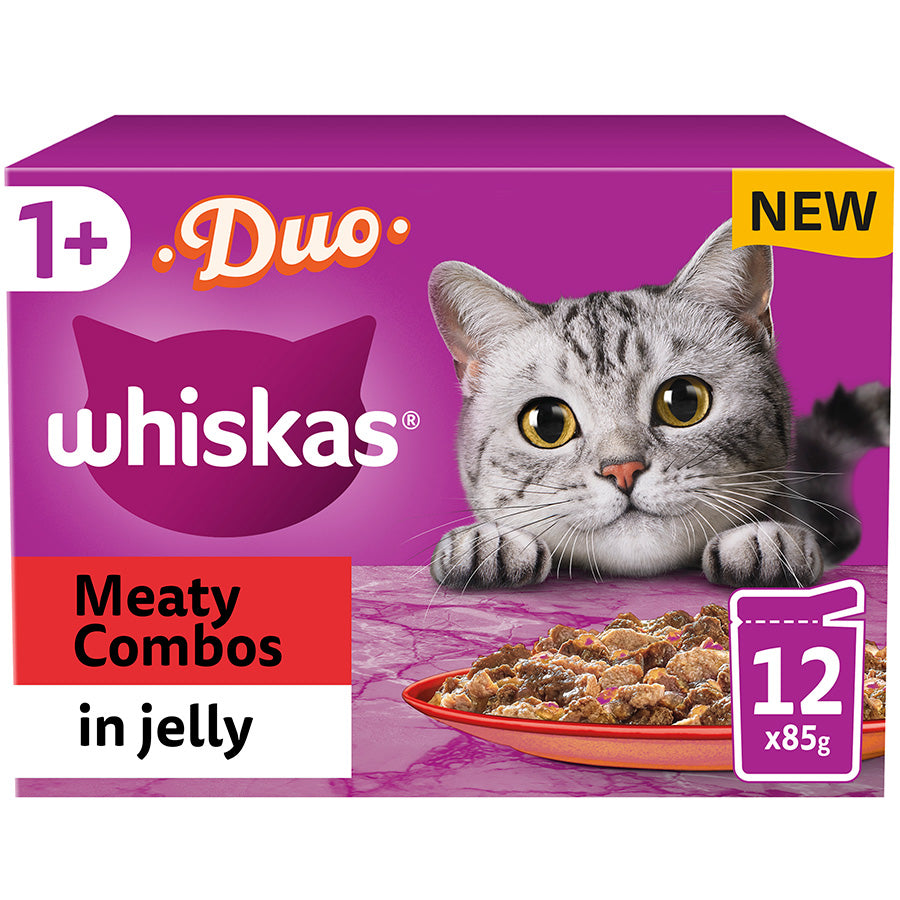 Whiskas 1+ Duo Meaty Combos Adult Wet Cat Food Pouches in Jelly ( 12 x 85g ) x 4