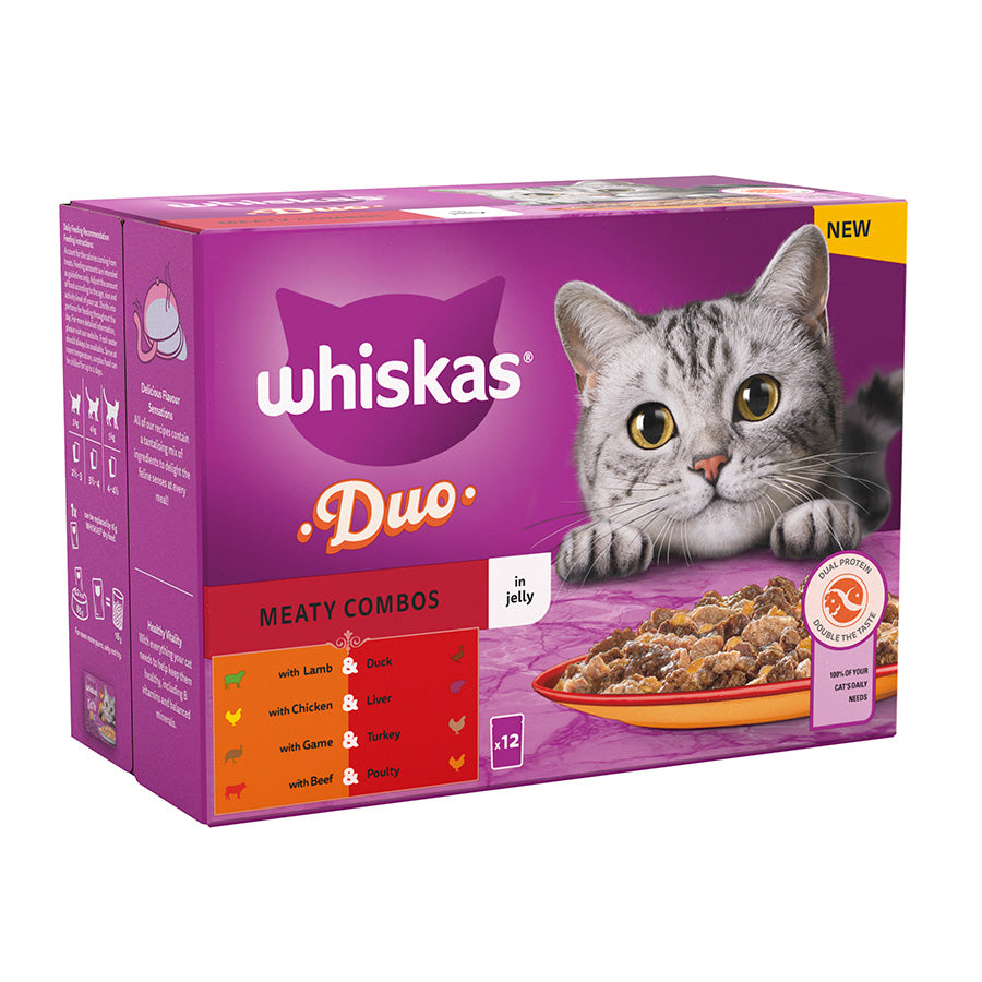 Whiskas 1+ Duo Meaty Combos Adult Wet Cat Food Pouches in Jelly ( 12 x 85g ) x 4