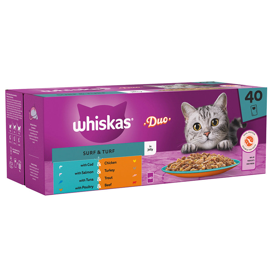 Whiskas 1+ Duo Surf & Turf Adult Wet Cat Food Pouches in Jelly – Pack of 40