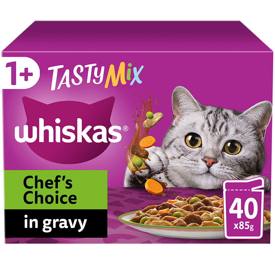 Whiskas 1+ Chef's Choice Mix Adult Wet Cat Food Pouches in Gravy 40 Pack