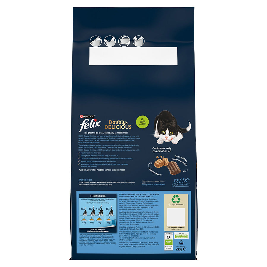 FELIX Doubly Delicious Beef Chicken & Vegetables Dry Cat Food 2kg