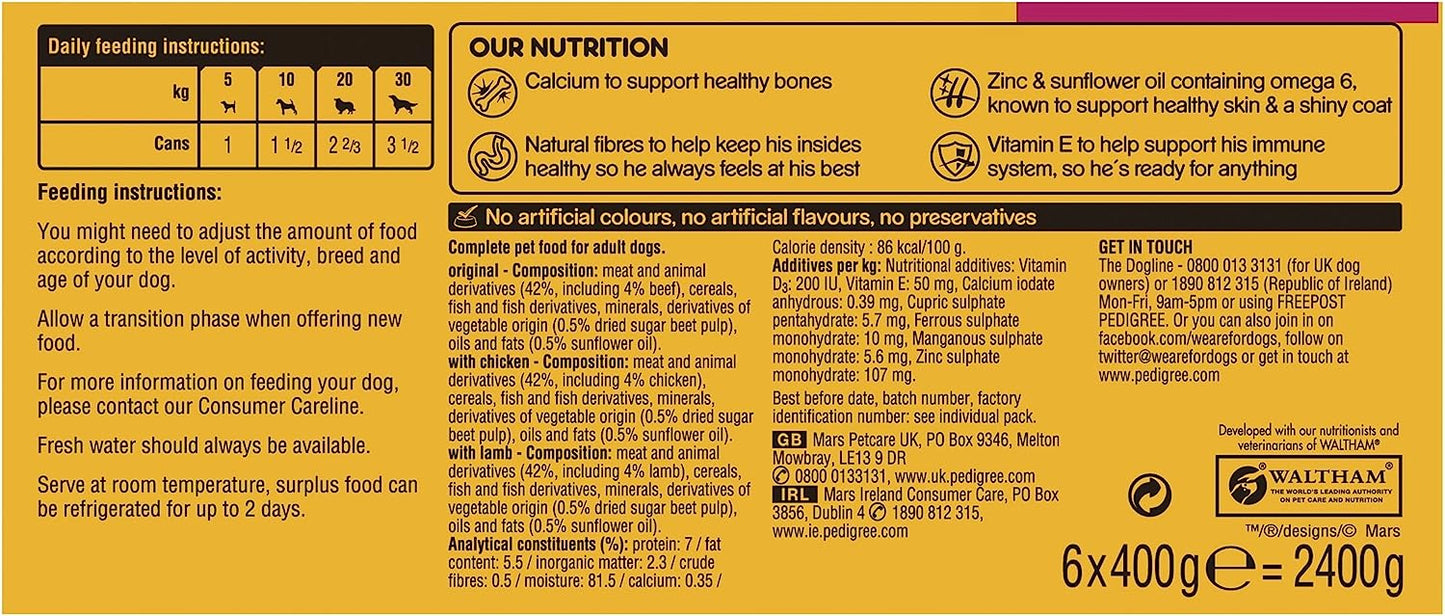 Pedigree Adult Wet Dog Food Tins Mixed Selection in Loaf, 6 x 400g
