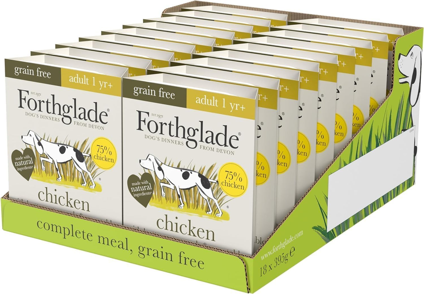 Forthglade Wet Dog Food Grain Free & Hypoallergenic Dog Food, (18 x 395g trays) Adult 1 Year+ with Vegetables, Complete Stomach Sensitive Meals