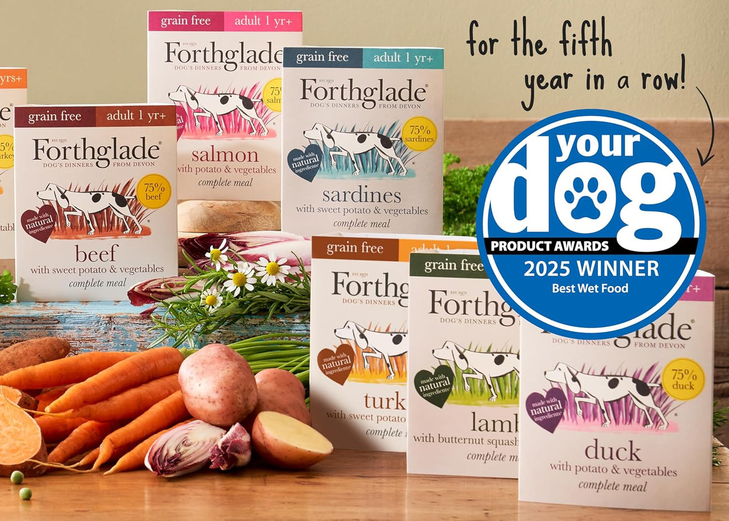 Forthglade Wet Dog Food Grain Free & Hypoallergenic Dog Food, (18 x 395g trays) Adult 1 Year+ with Vegetables, Complete Stomach Sensitive Meals