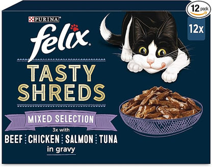 Felix Tasty Shreds Mixed Selection in Gravy Wet Cat Food ( 12 Pack × 80G ) - 4 packs