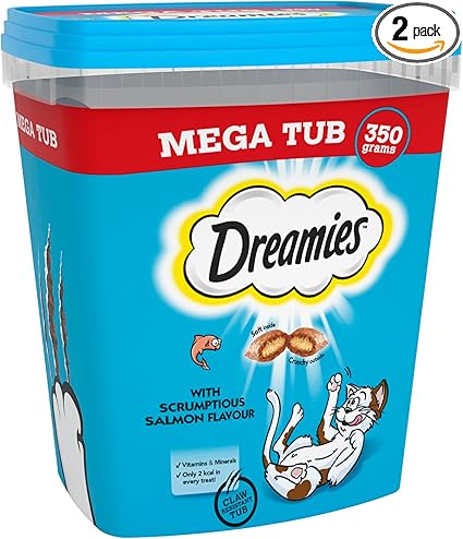 Dreamies Mega Tub Adult 1+ Cat Treats with Salmon Tub (350g x 2)