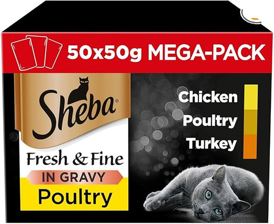 Sheba Fresh & Fine Wet Cat Food Pouches Poultry in Gravy Mega Pack ( 50 Pack x 50g )