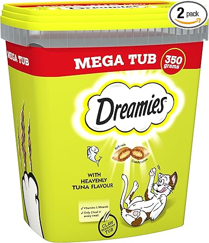 Dreamies Mega Tub Adult 1+ Cat Treats with Tuna Tub (350g x 2)