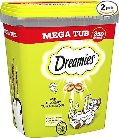 Dreamies Mega Tub Adult 1+ Cat Treats with Tuna Tub (350g x 2)