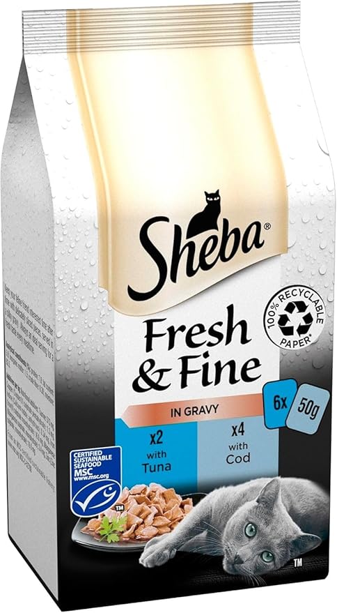 Sheba Fresh & Fine Wet Cat Food Pouches Tuna & Cod in Gravy (6x50g) - 8 Packs