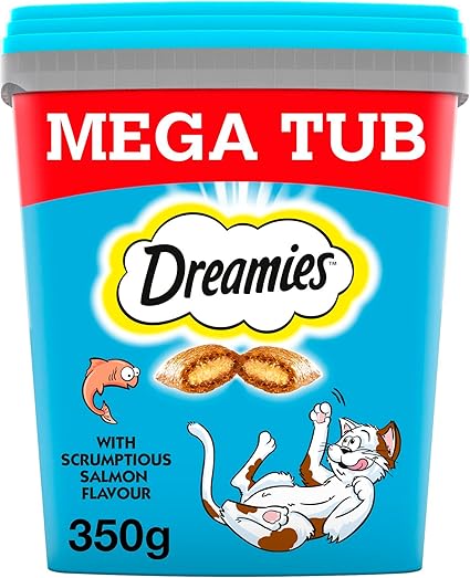 Dreamies Mega Tub Adult 1+ Cat Treats with Salmon Tub (350g x 2)