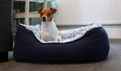 Ancol  Sleepy Paws Square Bed For Dogs Navy and Iced Plush All Sizes