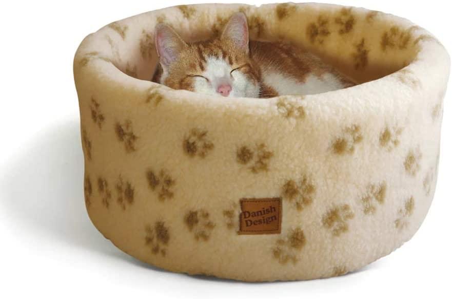 Danish Design Sherpa Fleece Beige Cream Paw Print Cat/Kitten Cosy Bed