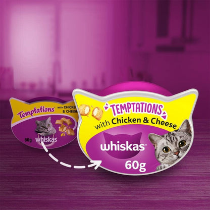 Whiskas Temptations 8 Packets, Tasty, Crunchy Treats for Adult Cats, bite size Snacks with a delicious Chicken & Cheese Filling