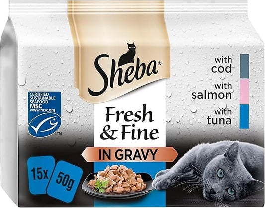 Sheba Fresh & Fine Wet Cat Food Pouches Fish in Gravy (15pc x 50g) - 3 Packs