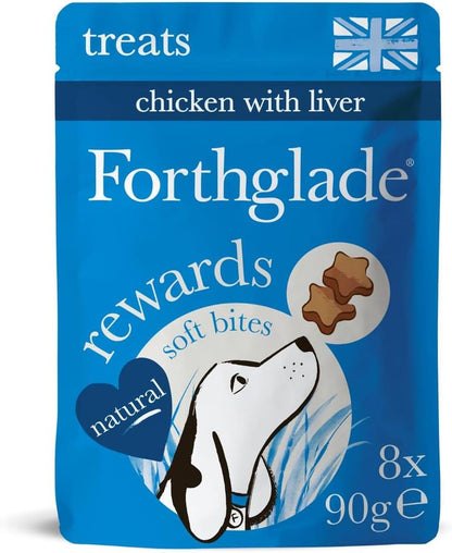 Forthglade Natural Dog Treats - Grain Free Soft Bites for Training (8 x 90g) Resealable Bags - Chicken with Liver