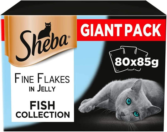 Sheba Fine Flakes Cat Wet Food Pouches, Fish Collection in Jelly 80 x 85g