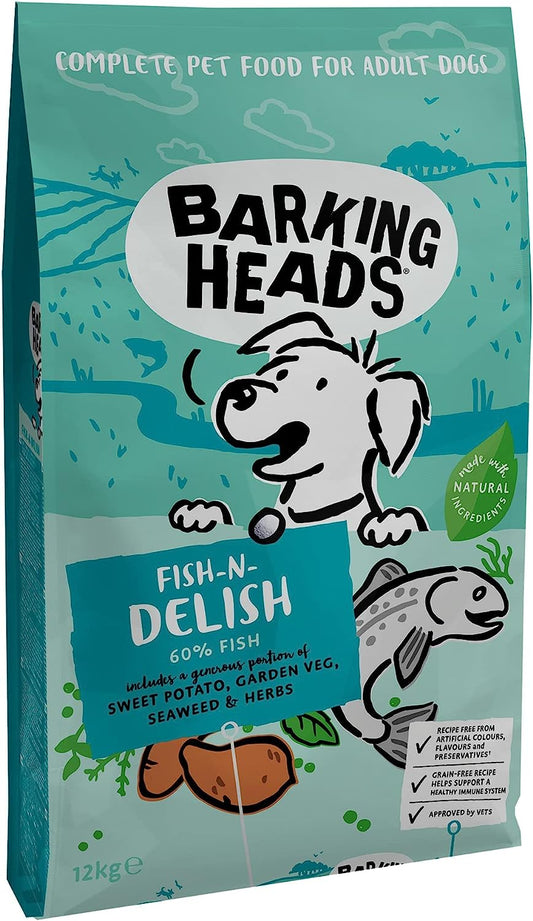 Barking Heads Dry Dog Food - Fish 'n' Delish 12kg - 100% Natural Salmon & Trout with Hypoallergenic Ingredients - Grain-Free Recipe