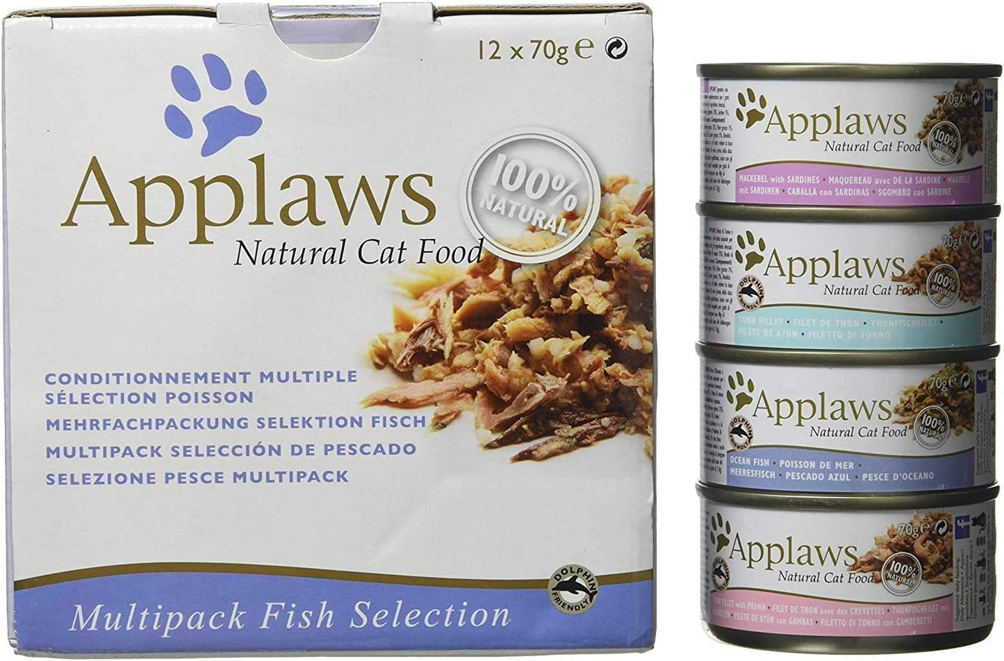 Applaws Natural Wet Cat Food, Multipack Fish Selection in Broth 70 g Tin (Pack of 12)