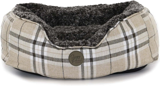 Sleepy Paws Square Bed For Dogs Oatmeal and Dark Check 60 x 50cm